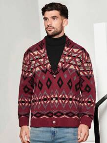 Manfinity VCAY Homme Cardigan Motif Géométrique À Bouton - Multicolore - Voir 1