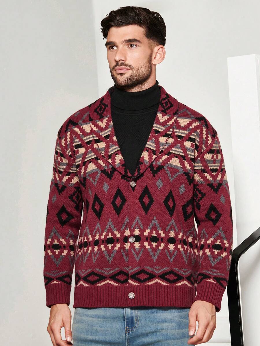 Manfinity VCAY Homme Cardigan Motif Géométrique À Bouton - Multicolore - Voir 1