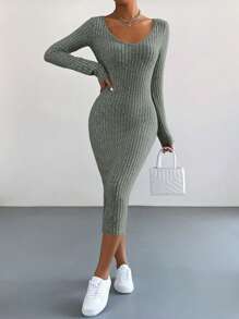 SHEIN Essnce V領條紋針織緊身洋裝 - 軍綠色 - 查看 3