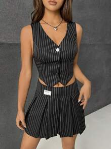 SHEIN EZwear In sọc Nút phía trước Áo khoác Vest & Chân Váy xếp ly - màu đen - Xem 3