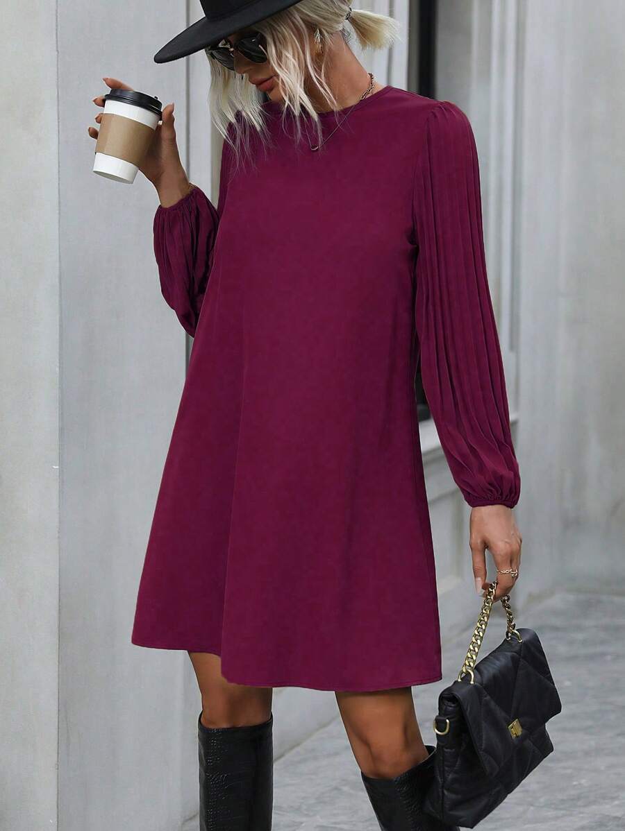 EMERY ROSE 素色百褶燈籠袖直筒洋裝 - 紫紅色 - 查看 1