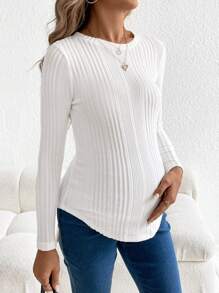 SHEIN Maternity Ribbed Knit Curved Hem Tee With Long Sleeve - White - View 4
