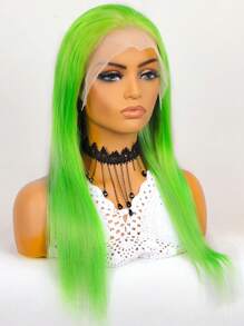 萬聖節黑暗輝光粘液螢光綠直筒人類頭髮13x4透明蕾絲正面假髮 - SGreen - 查看 2