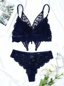 Set de lenjerie sexy sutien și chiloți decor fluture din dantelă florală - Albastru regal - Vizualizare 4