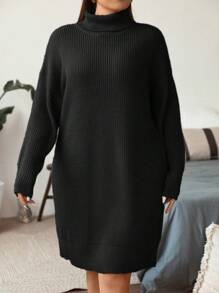 Flirla Hơn Áo cao cổ Thả vai Đầm Áo len - màu đen - Xem 3