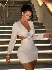 Zolique Plunging Neck Cut Out Waist Sequin Bodycon Dress - White - View 6