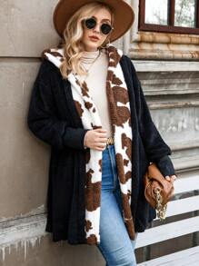 Calvaya Plus Contrast Panel Hooded Flannel Coat - Black - View 6