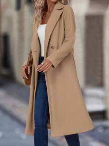 SHEIN LUNE Lapel Neck Double Button Overcoat - Khaki - View 3