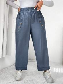 SHEIN LUNE Plus Button Detail Dual Pocket Pants - Dusty Blue - View 5