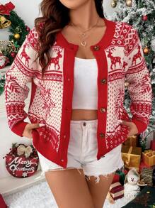 Celure Plus Christmas Pattern Raglan Sleeve Cardigan - Red - View 3