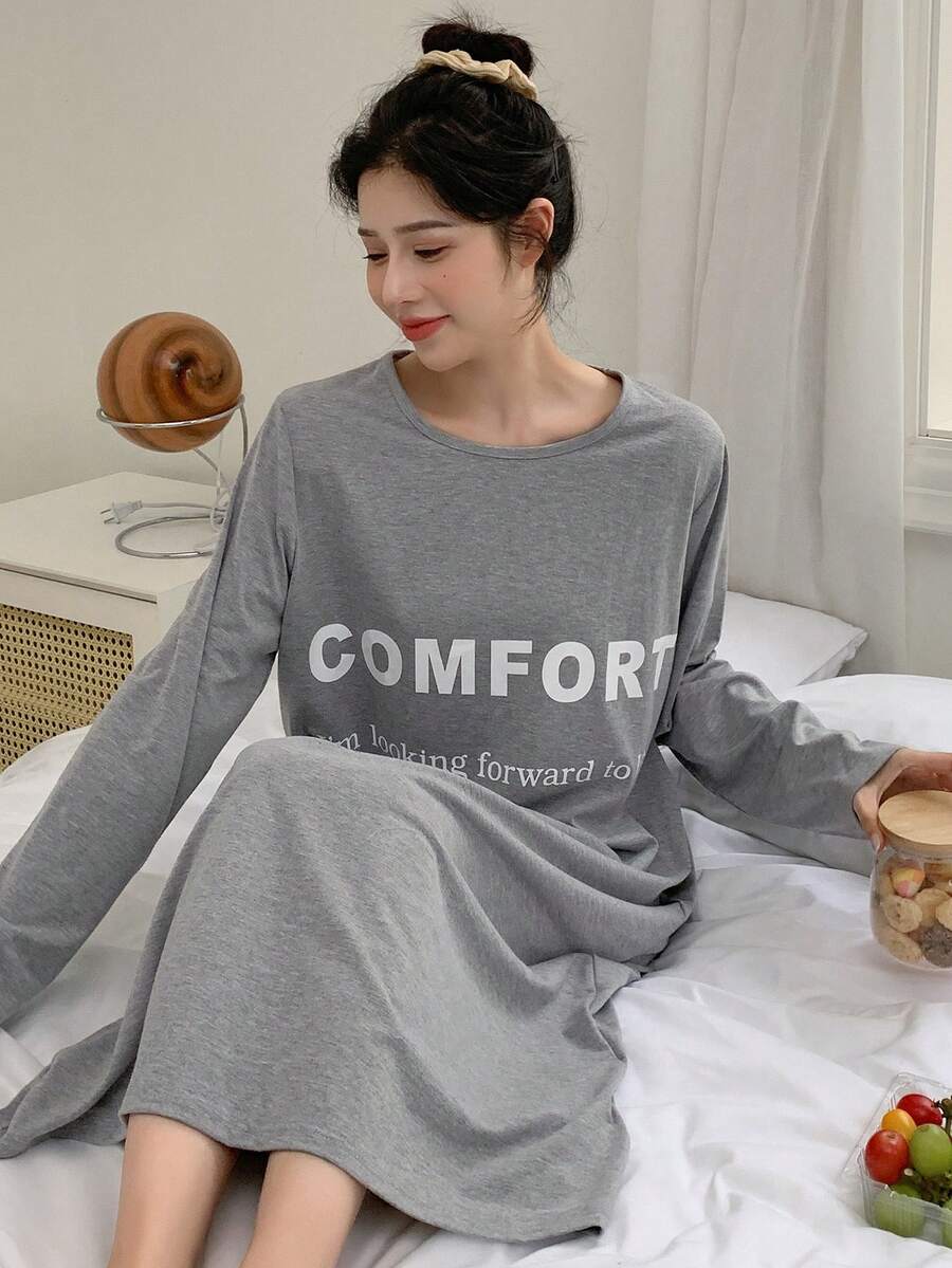 DAZY Slogan Graphic Drop Shoulder Slit Hem Tee Lounge Dress - Grey - View 1