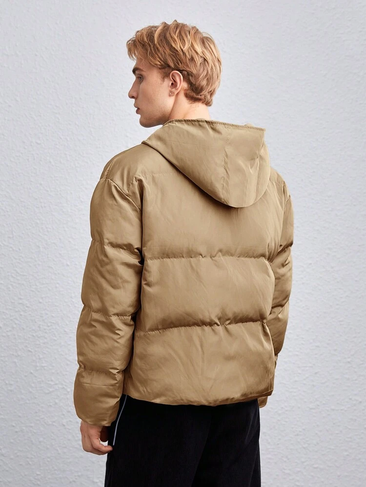 1pc Men's Loose Fit Letter Patched Drawstring Hooded Padded Coat, For Fall Winter