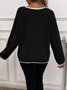 SHEIN LUNE Contrast Binding Notched Neckline Drop Shoulder Sweater