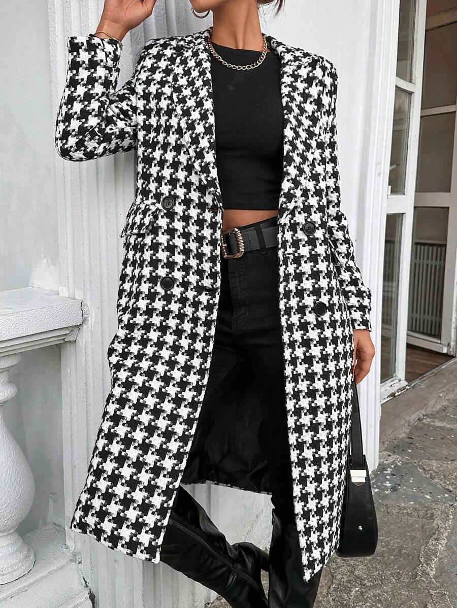 RueChic Allover Print Lapel Neck Double Breasted Overcoat - Black and White - View 1