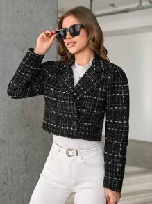 EURMUSE Plaid Pattern Lapel Neck Crop Blazer - Black - View 5
