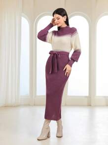 Mulvari Vestido de punto de color combinado de cuello alto con cinturón