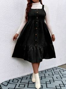 Flirla 大碼前紐扣荷葉邊燈芯絨背帶洋裝不帶T恤 - 黑色 - 查看 3