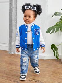 SHEIN 女嬰字母圖案雙色學院風夾克 - 藍色 - 查看 6