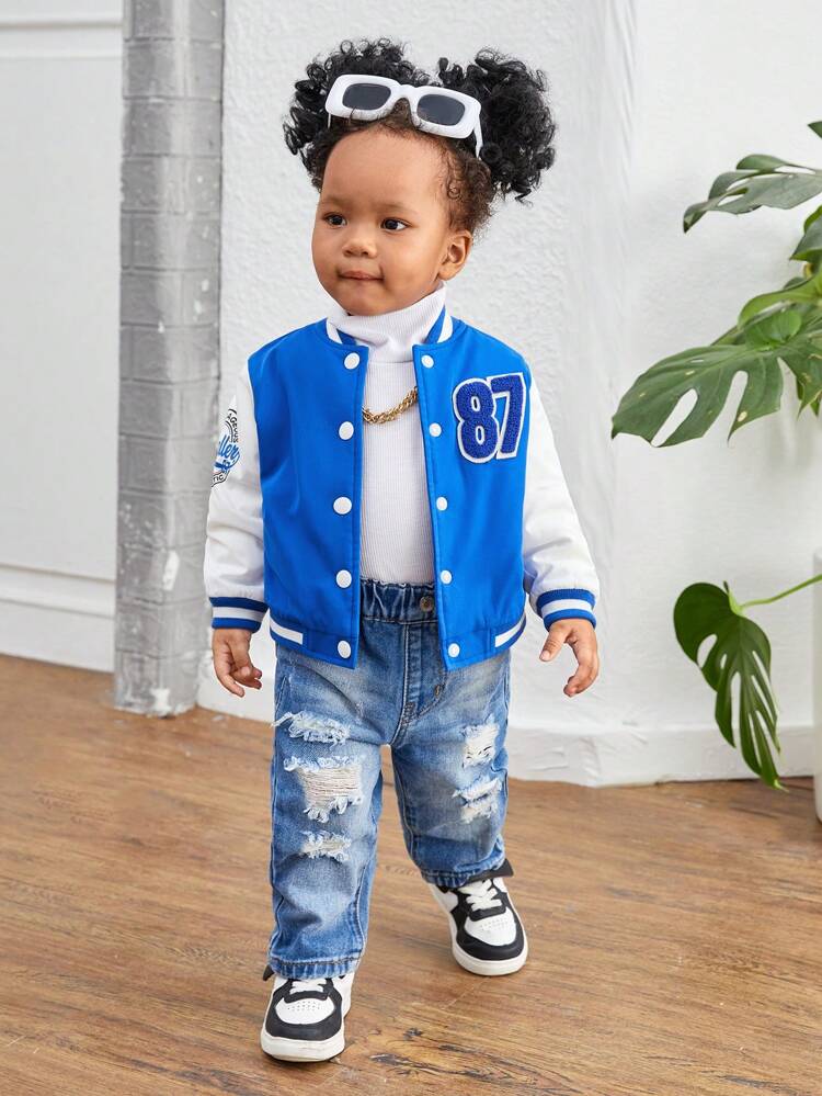 Baby Girl Letter Graphic Two Tone Varsity Jacket