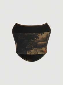 SHEIN MOD Parte superior tipo tubo acortada con orilla de pañuelo con fruncido, gráfico de figura plus - Marrón - Ver 2