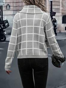 SHEIN LUNE 格紋圖案高領落肩袖套頭毛衣 - 灰色 - 查看 2