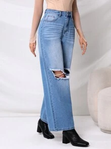 SHEIN Privé 高腰破洞闊腿牛仔褲 - 淺色水洗藍 - 查看 3