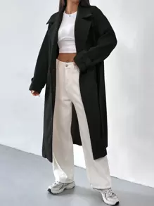 SHEIN EZwear Lapel Neck Drop Shoulder Belted Overcoat In Fall/Winter - Black - View 3