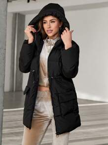 SHEIN Cottnline Flap Pocket Hooded Puffer Coat - Black - View 6