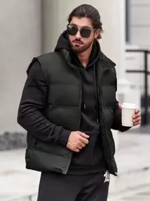 Manfinity 1pc Loose Fit Men's Zip Up Puffer Vest Coat - Black - View 3