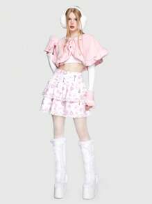 ROMWE Kawaii Falda con estampado de corazón con encaje en contraste ribete con fruncido - Rosa - Ver 6