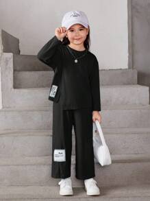 SHEIN 女小童標語圖案落肩T恤和褲子 - 黑色 - 查看 1