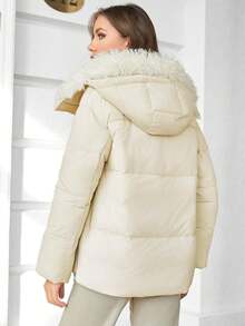GASMAN Flap Pocket Fuzzy Trim Hooded Padded Coat - Beige - View 2