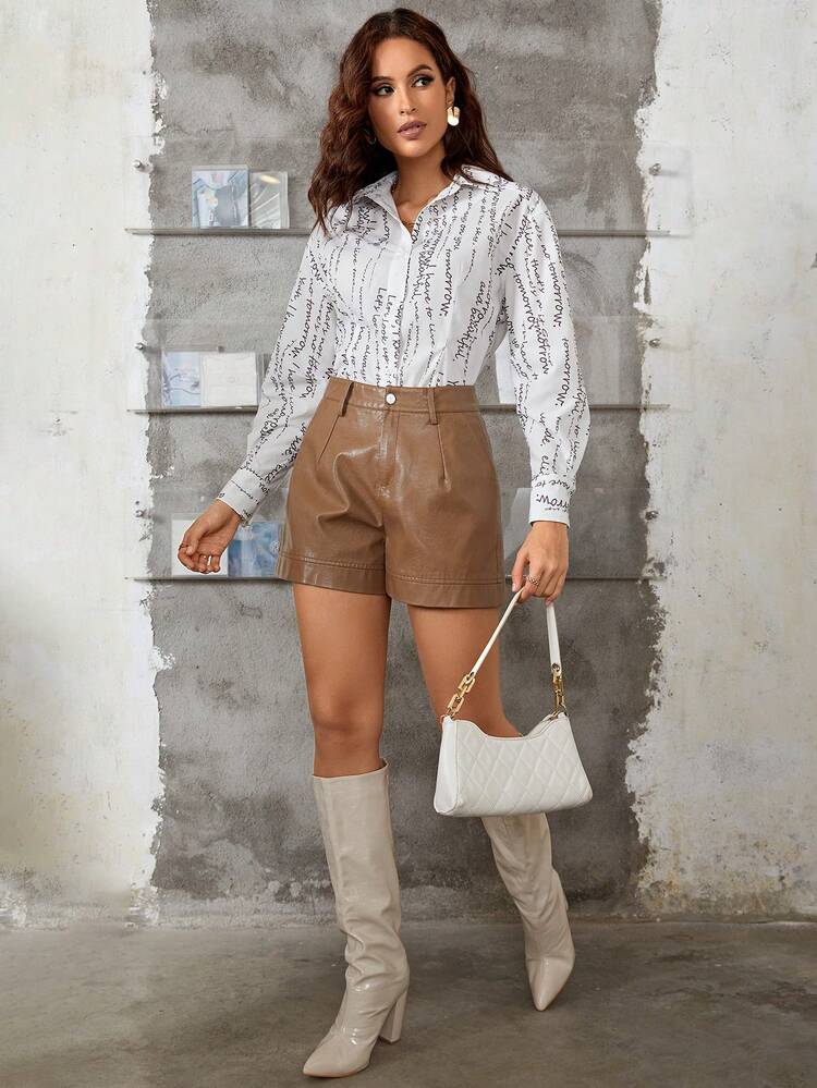 Allover Letter Graphic Button Front Shirt