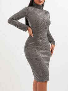 EURMUSE 高領金屬亮絲緊身洋裝