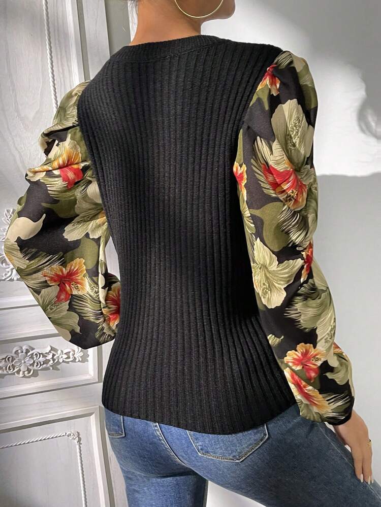 Floral Pattern Ribbed Knit Pullover Fall Winter Sweater