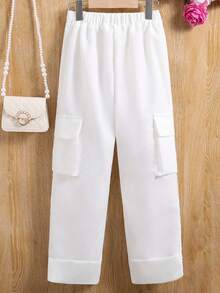 SHEIN Tween Girl Letter Graphic Flap Pocket Side Cargo Pants - White - View 2