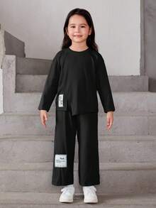 SHEIN 女小童標語圖案落肩T恤和褲子 - 黑色 - 查看 5