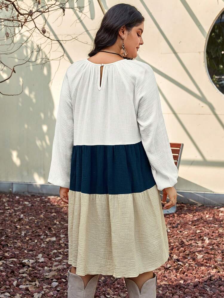 Plus Colorblock Lantern Sleeve Dress