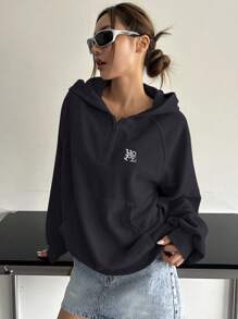 DAZY Đồ họa Chữ cái Tay Raglan Một nửa khóa kéo Hoodie - Màu xám đen - Xem 1