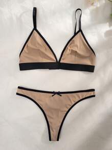 Contrast Binding Bra & Panty Lingerie Set - Camel - View 4