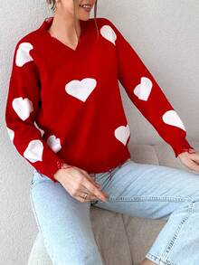 EURMUSE Heart Pattern Drop Shoulder Distressed Trim Sweater - Red - View 5
