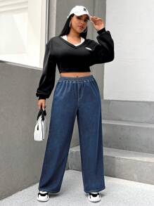 SHEIN EZwear Plus Elastic Waist Wide Leg Jeans - Dark Wash - View 1