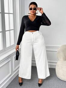 SHEIN EZwear Hơn Cao eo quần ống rộng Quần jean - trắng - Xem 5