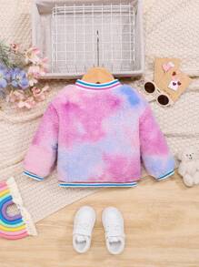 SHEIN Baby Girl Tie Dye Striped Trim Teddy Bomber Jacket