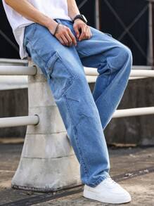 Manfinity Hypemode 男士翻蓋口直腳貨物牛仔褲 - 中等水洗藍 - 查看 4