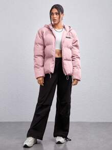 Manfinity VCAY 1pc Loose Fit Hooded Padded Coat With Letter Patchwork Detail And Drawstring Hem, For Fall Winter - Pink - View 5