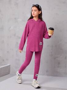 SHEIN Leap Crew Tween Girl Letter Patched Drop Shoulder Hooded Tee & Leggings - Hot Pink - View 4