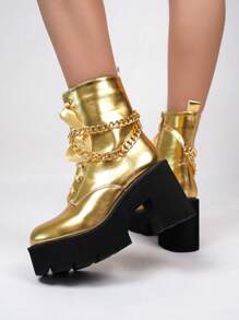 女士黑色休闲度假简约坡跟厚底踝靴，秋冬款 - 金色 - 查看 2