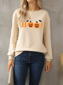 DEARCASE Halloween Pumpkin And Letter Graphic Sweatshirt - Apricot - View 1