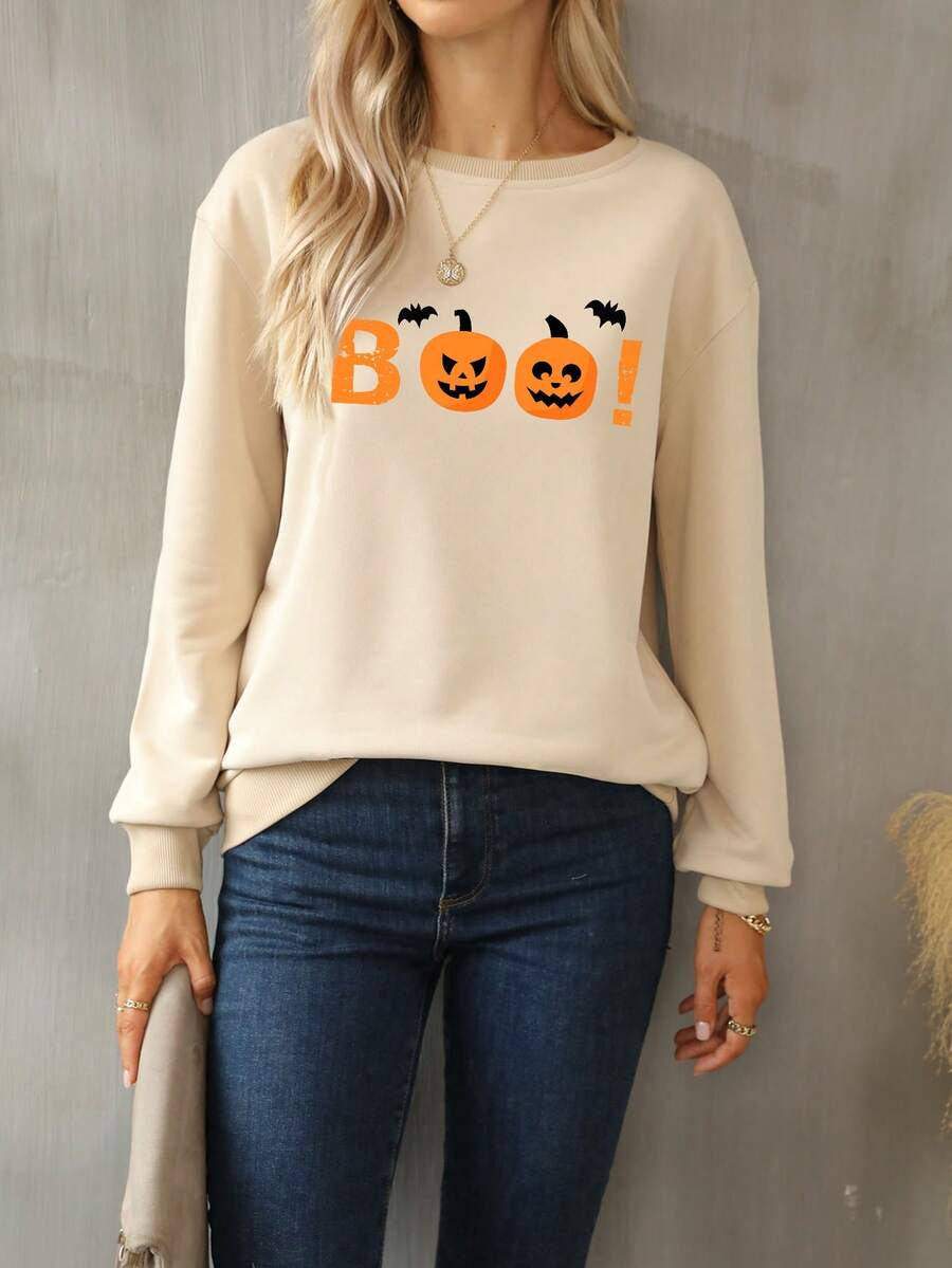 DEARCASE Halloween Pumpkin And Letter Graphic Sweatshirt - Apricot - View 1
